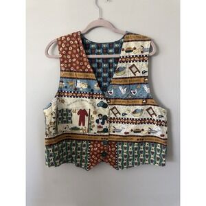 90s Handmade Cottagecore Grandma Country Vest Rooster Kitchen  XL-2X See Measure